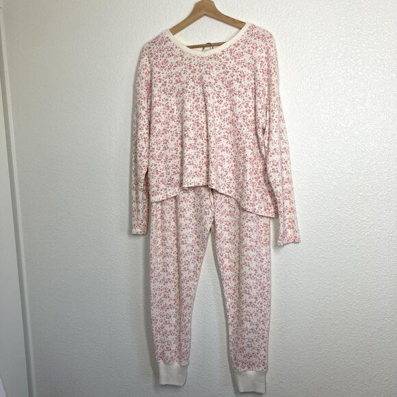 Papinelle Pajama Set Soft Womens Medium Cream Pink Floral Waffle Knit Lounge - Picture 2 of 16